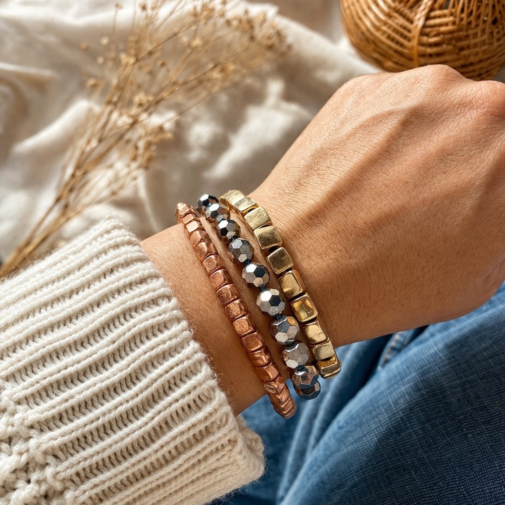 Bracelet Set 3pc Metallic Gold Copper Silver Tone Boho Stretch Stackable Beaded